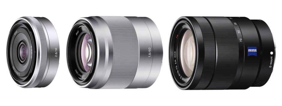 De gauche à droite, les objectifs Sony E : 16mm f/2.8, 50mm f/1.8 et 16-70mm f/4