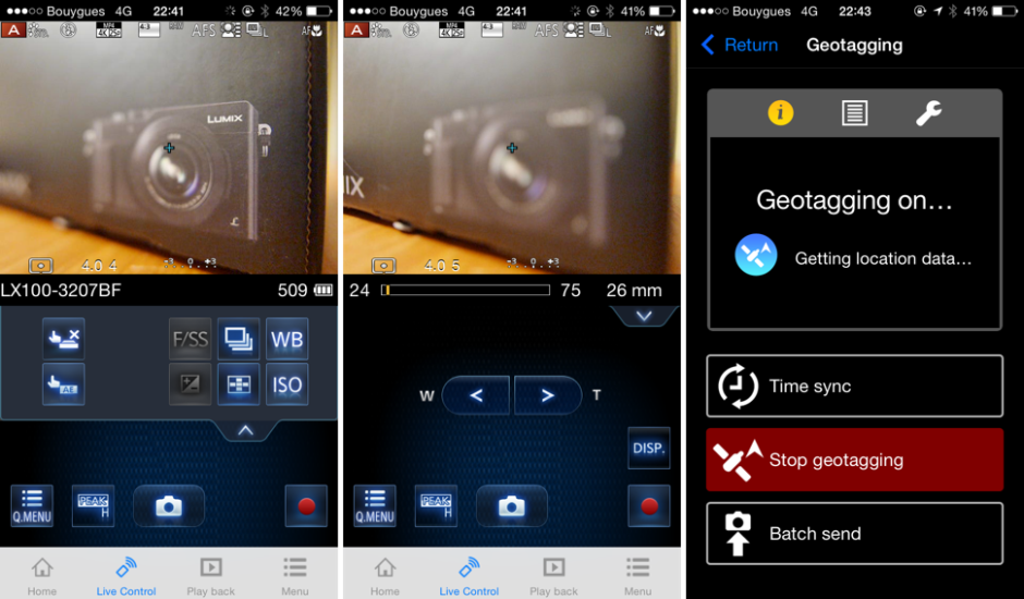 Trois des écrans de l'application Lumix Image, ici sur iPhone