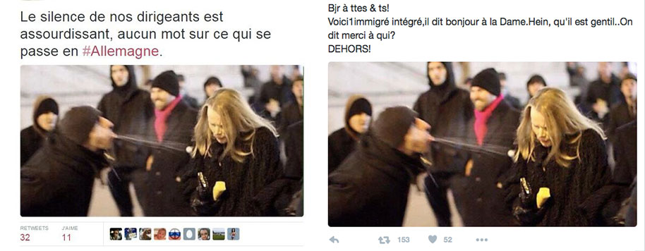 Captures d'écran de deux tweets relayant une fausse photo à propos des agressions de Cologne
