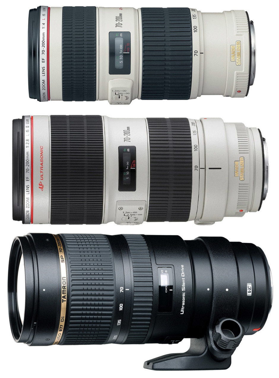 De haut en bas : Canon 70-200 mm f/4, Canon 70-200 f/2.8 et Tamron 70-200 f/2.8