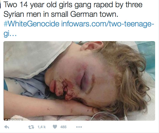 Capture d'écran d'un tweet, relayant à nouveau une fausse photo d'agression en Allemagne