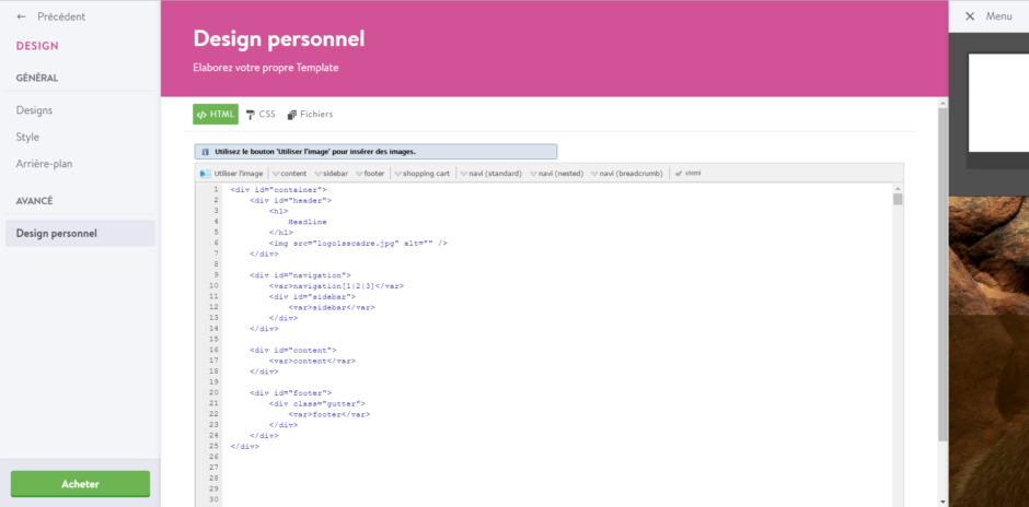 Interface du "Design personnel" qui permet de créer son propre thème en ajoutant du code CCS et HTML.