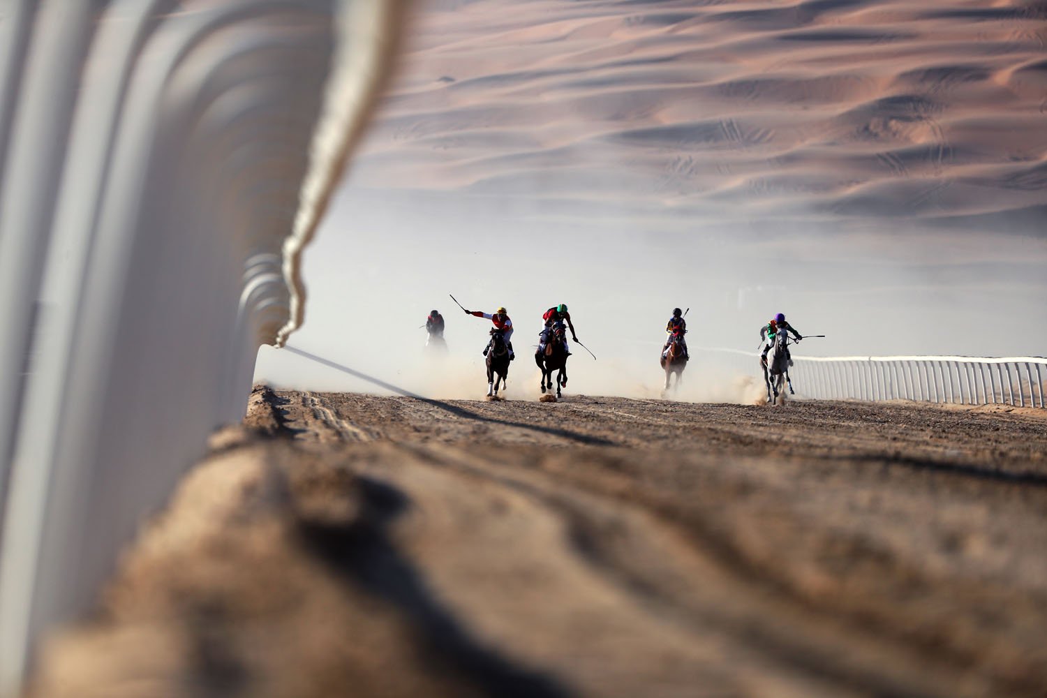 © Karim Sahib - AFP PHOTO - Le desk photo de Nicosie reçoit aussi beaucoup de photos d'événements sportifs (golf, cricket, polo, course de chevaux, etc) - Cette photo a été prise durant le festival Liwa Moreeb Dune 2017 et représente une course de chevaux pur sang arabes dans le désert de Liwa en janvier 2017