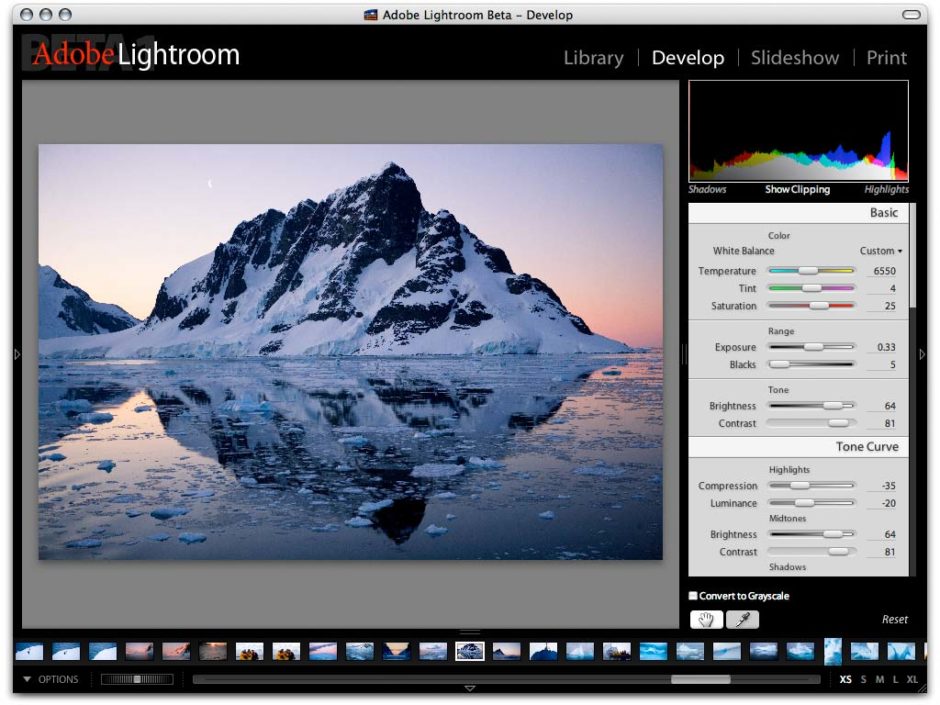 Une capture d'écran de la première beta de Lightroom 1.0