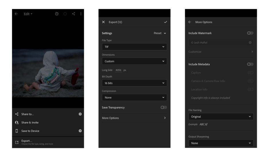 Lightroom iOS Android options d'exportation