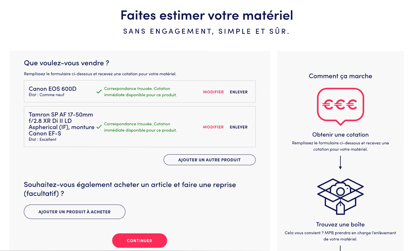 Capture d'écran - estimation du matériel photo d'occasion sur MPB