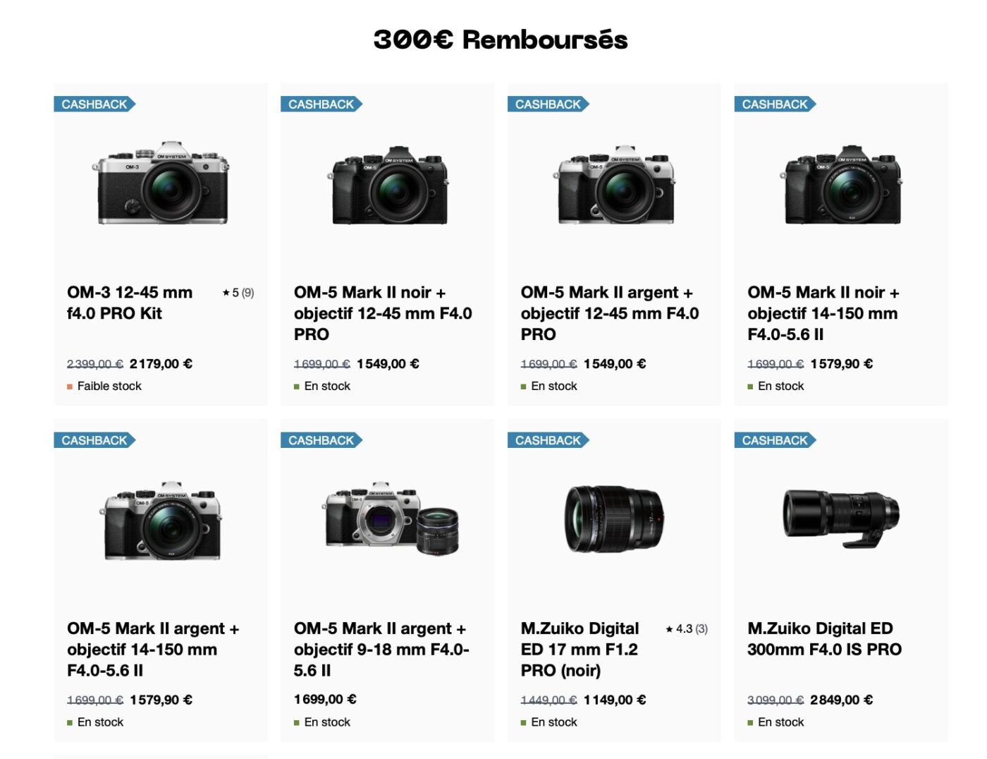 300 € remboursés sur une sélection de boîtiers et d'objectifs OM System